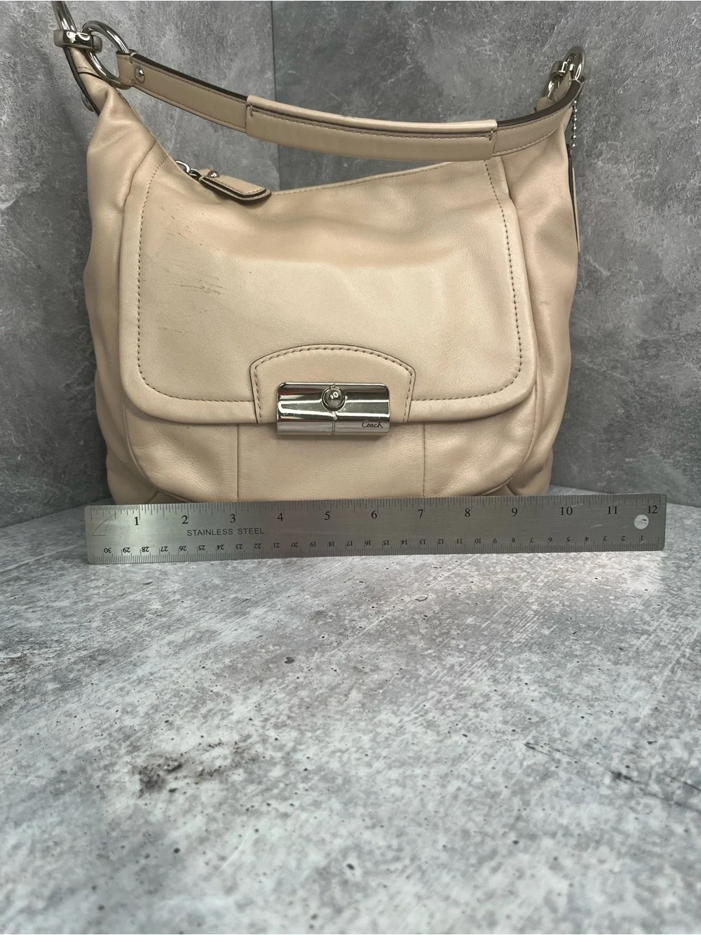 Coach Beige Leather Shoulder Bag with Silver Hardware